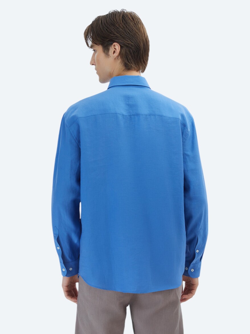 Saks Düz Oversize Fit Uzun Dokuma Casual Gömlek - 6