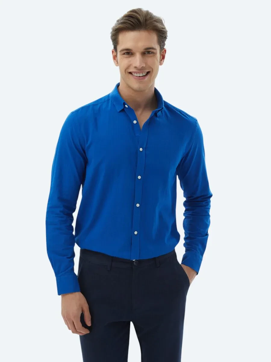 Saks Düz Regular Fit Dokuma Casual %100 Pamuk Gömlek - 1