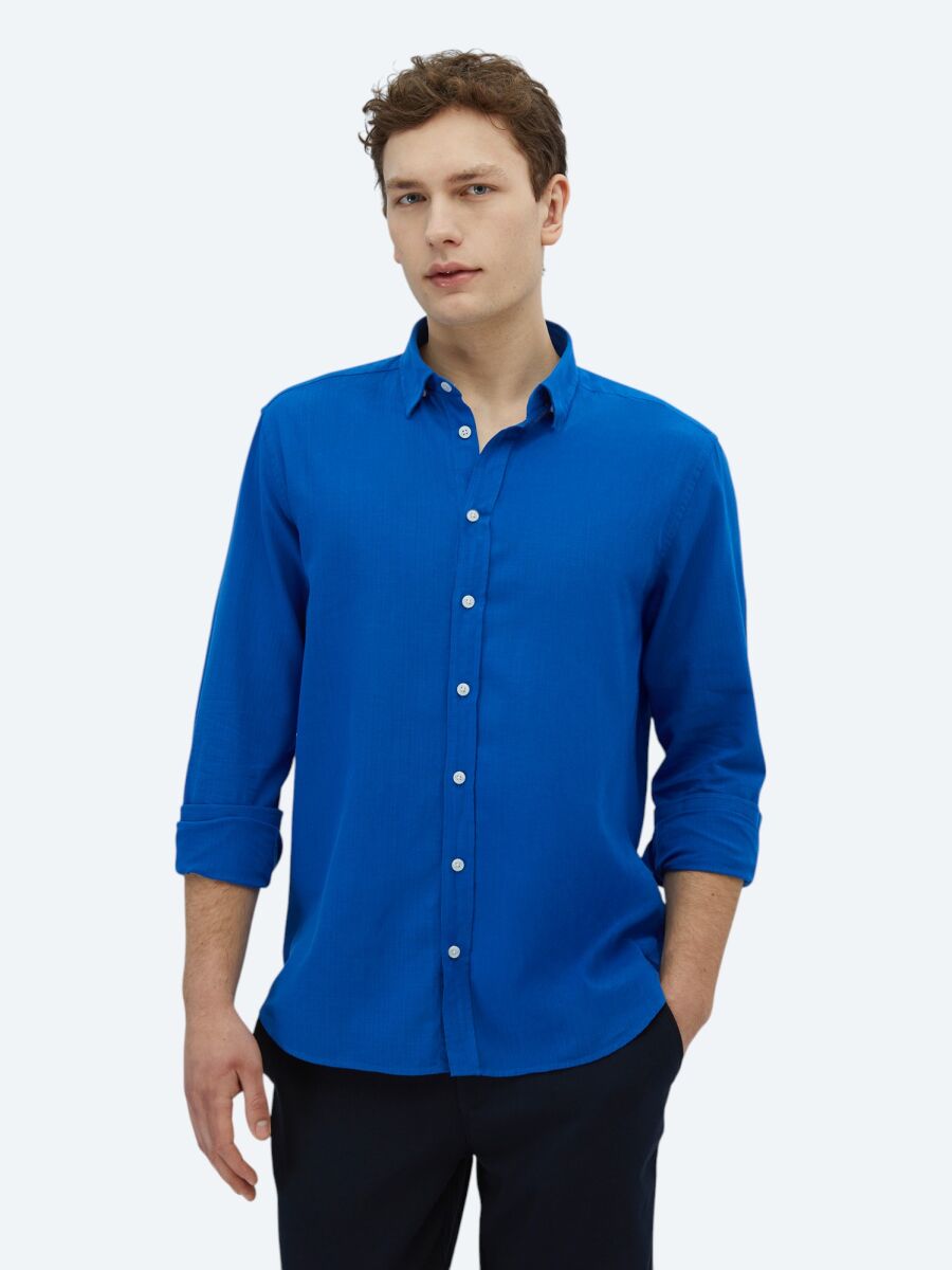 Saks Düz Regular Fit Uzun Dokuma Casual %100 Pamuk Gömlek - 1