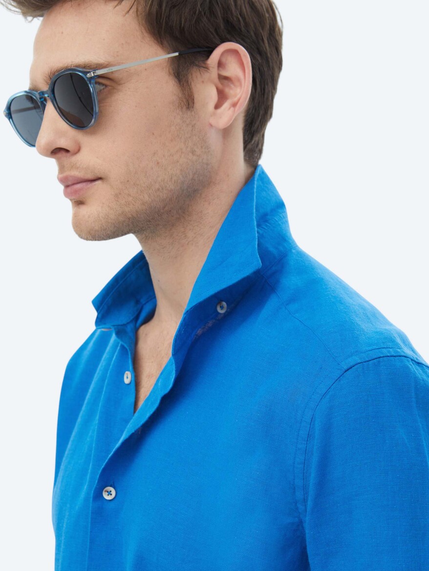 Saks Düz Regular Fit Uzun Dokuma Casual Pamuk Karışımlı Gömlek - 7