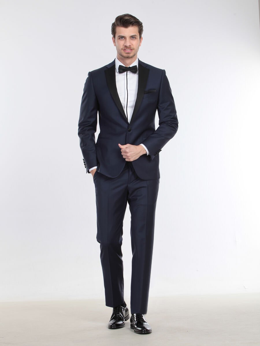 Saks Düz Slim Fit Kelebek Yaka Dokuma Smokin Takım Elbise - 4