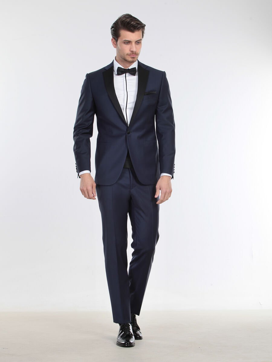 Saks Düz Slim Fit Kelebek Yaka Dokuma Smokin Takım Elbise - 5