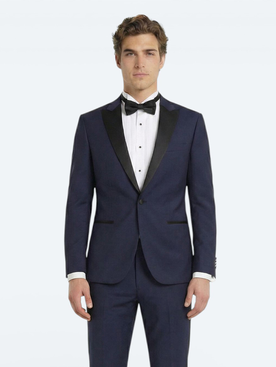 Saks Düz Slim Fit Kruvaze Yaka Dokuma Smokin Takım Elbise - KİP