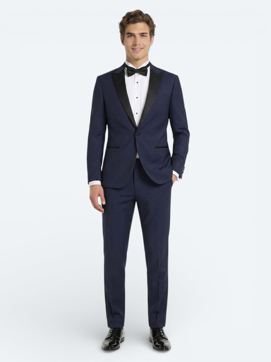 Saks Düz Slim Fit Kruvaze Yaka Dokuma Smokin Takım Elbise - 1