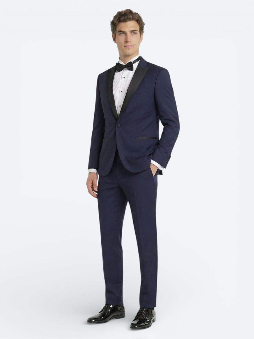 Saks Düz Slim Fit Kruvaze Yaka Dokuma Smokin Takım Elbise - KİP