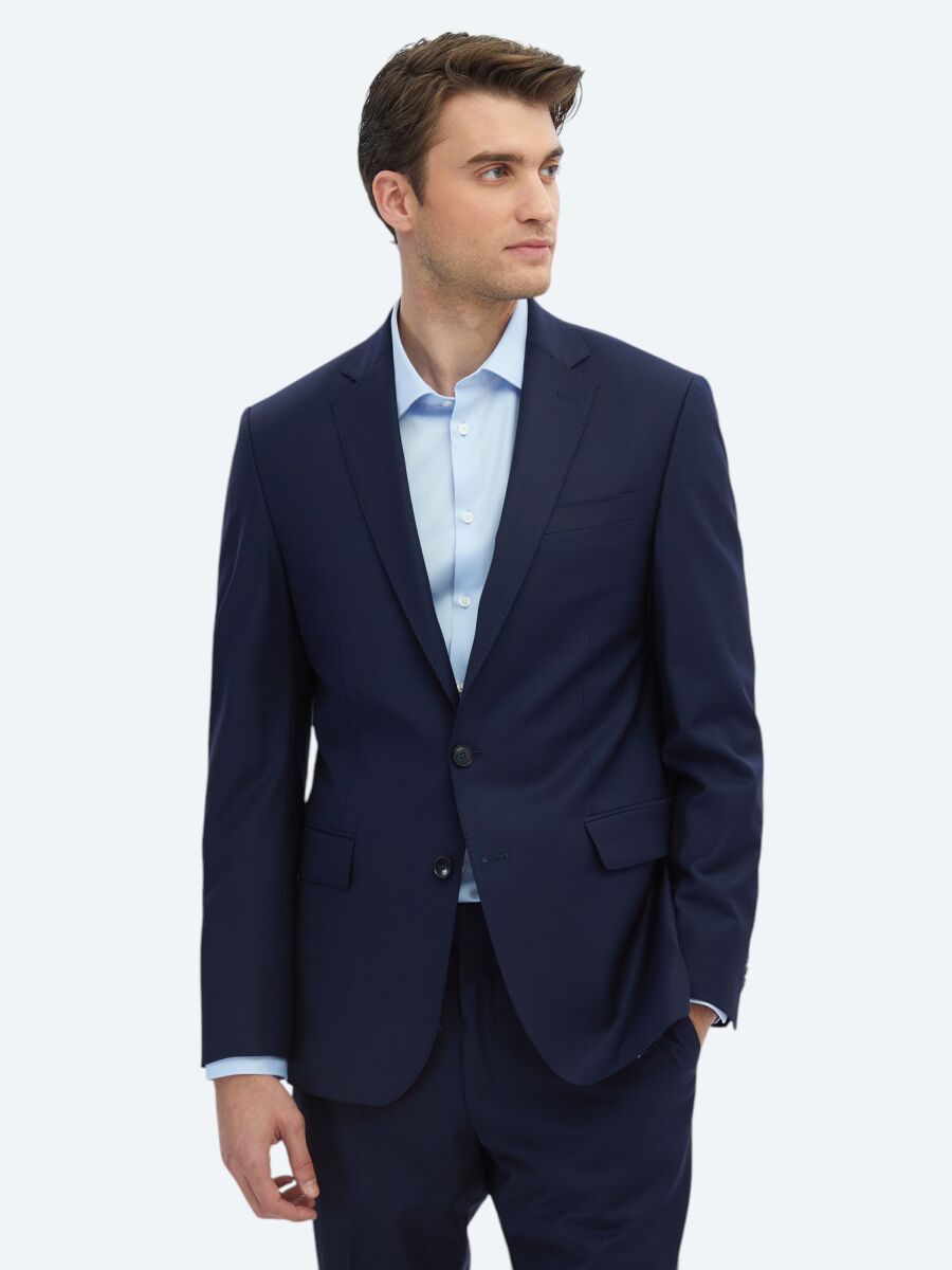 Saks Düz Slim Fit Yün Karışımlı Takım Elbise - 1