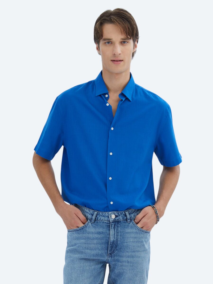Saks Oversize Fit Short Weaving Casual 100% Cotton Shirt - 1