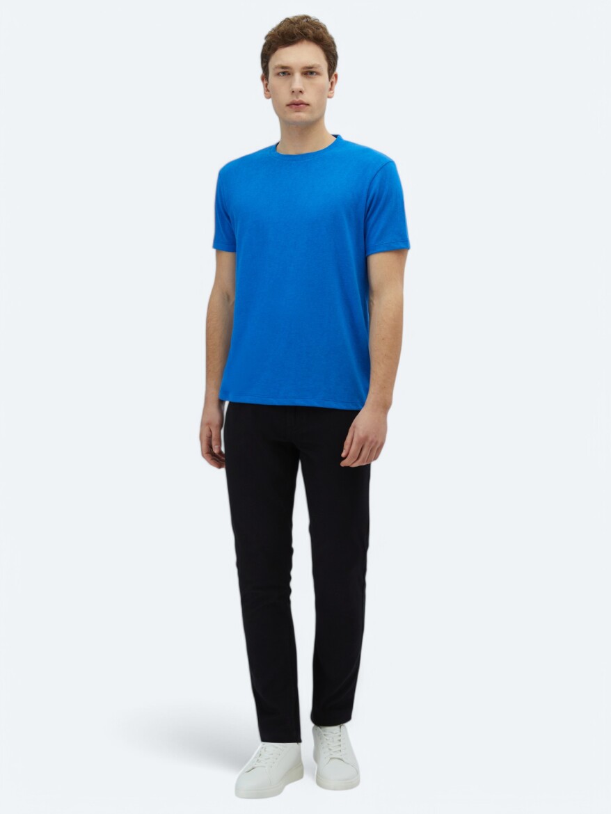 Saks Plain Crew Neck Cotton Blended T-Shirt - 2