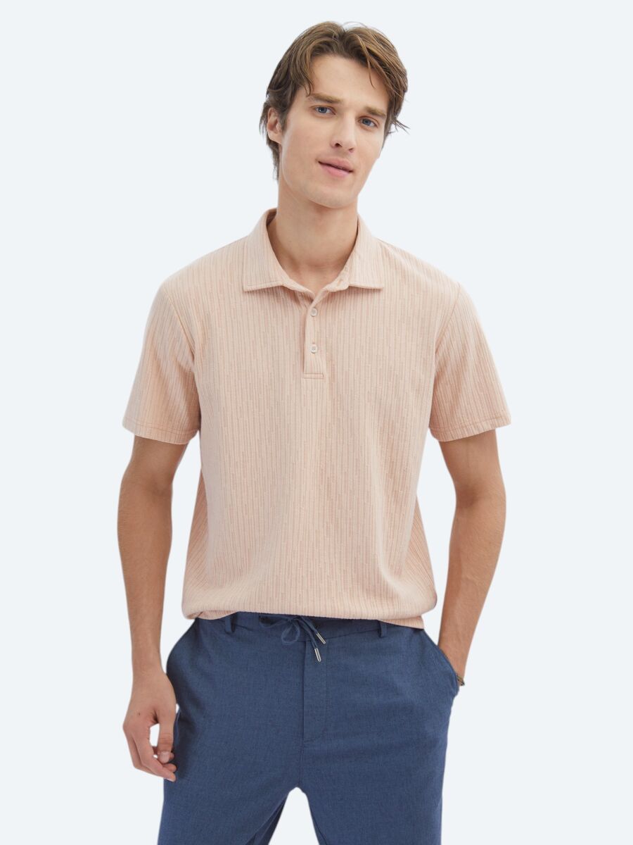 Salmon Patterned Polo Neck Cotton Blended T-Shirt - 1