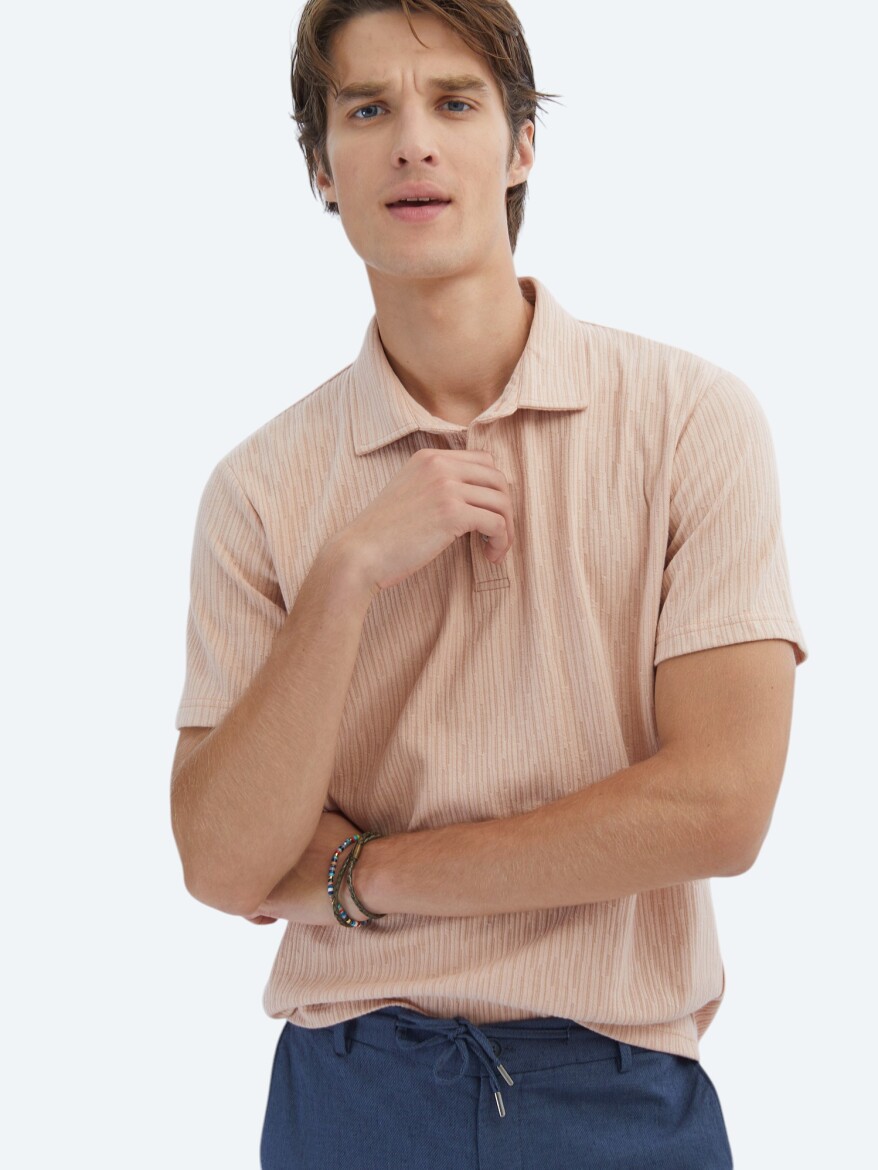 Salmon Patterned Polo Neck Cotton Blended T-Shirt - 3