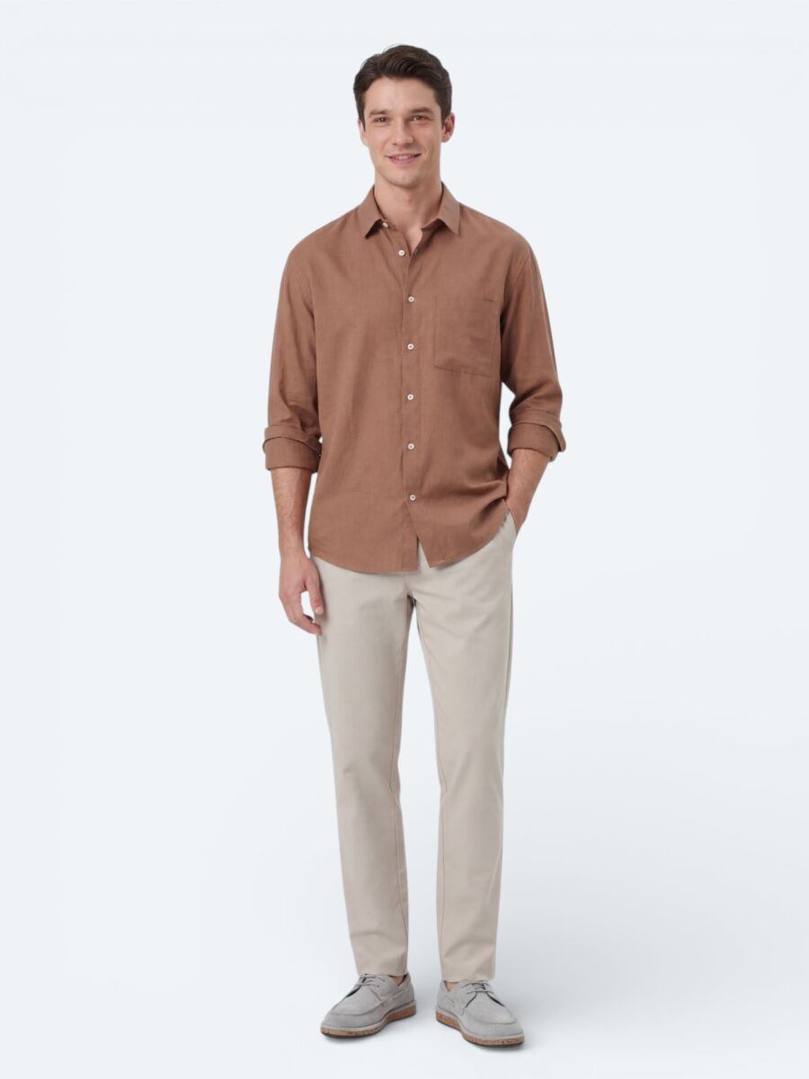 Salmon Plain Oversize Fit Long Weaving Casual Shirt - 4