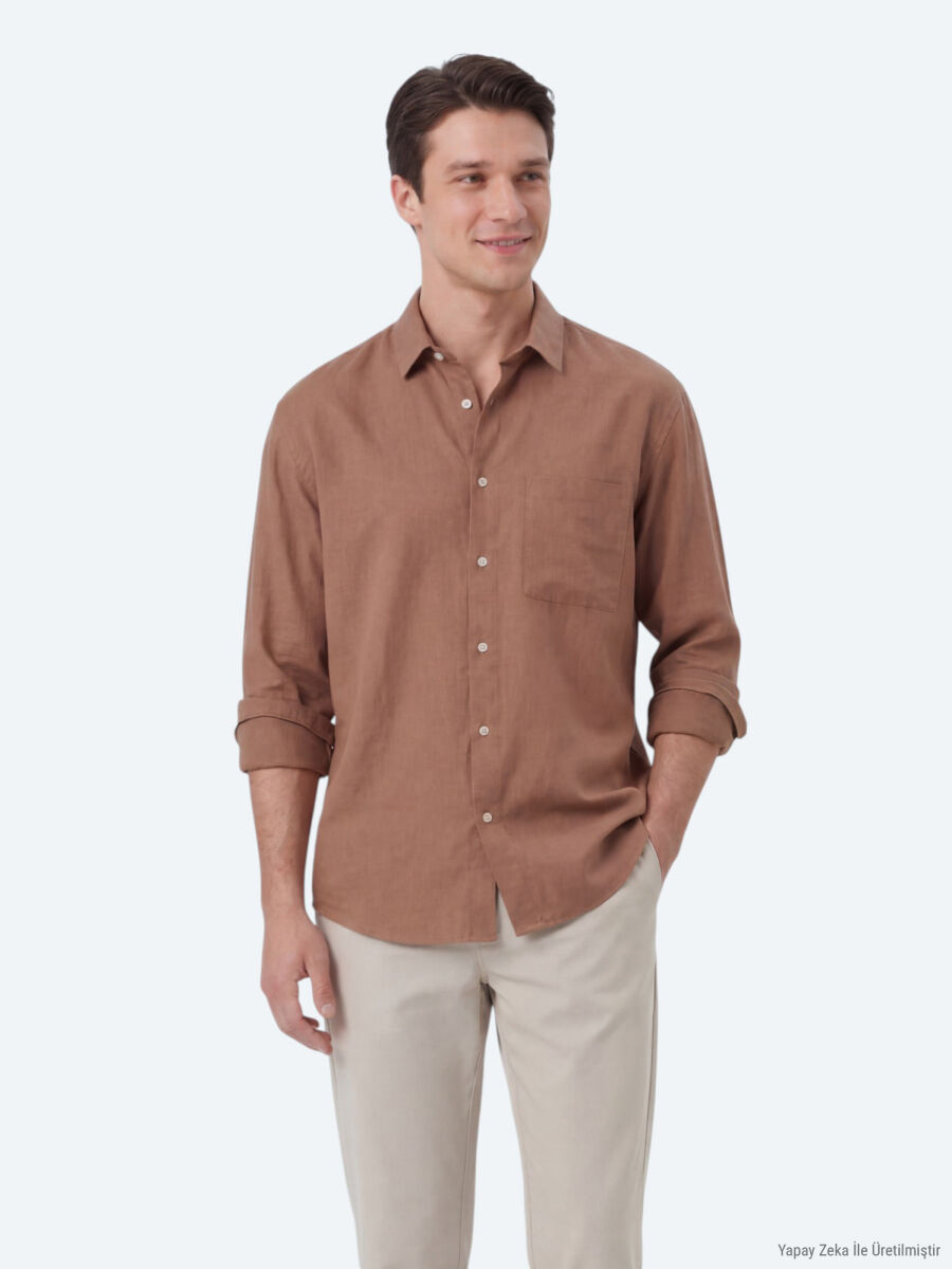 Salmon Plain Oversize Fit Long Weaving Casual Shirt - 1