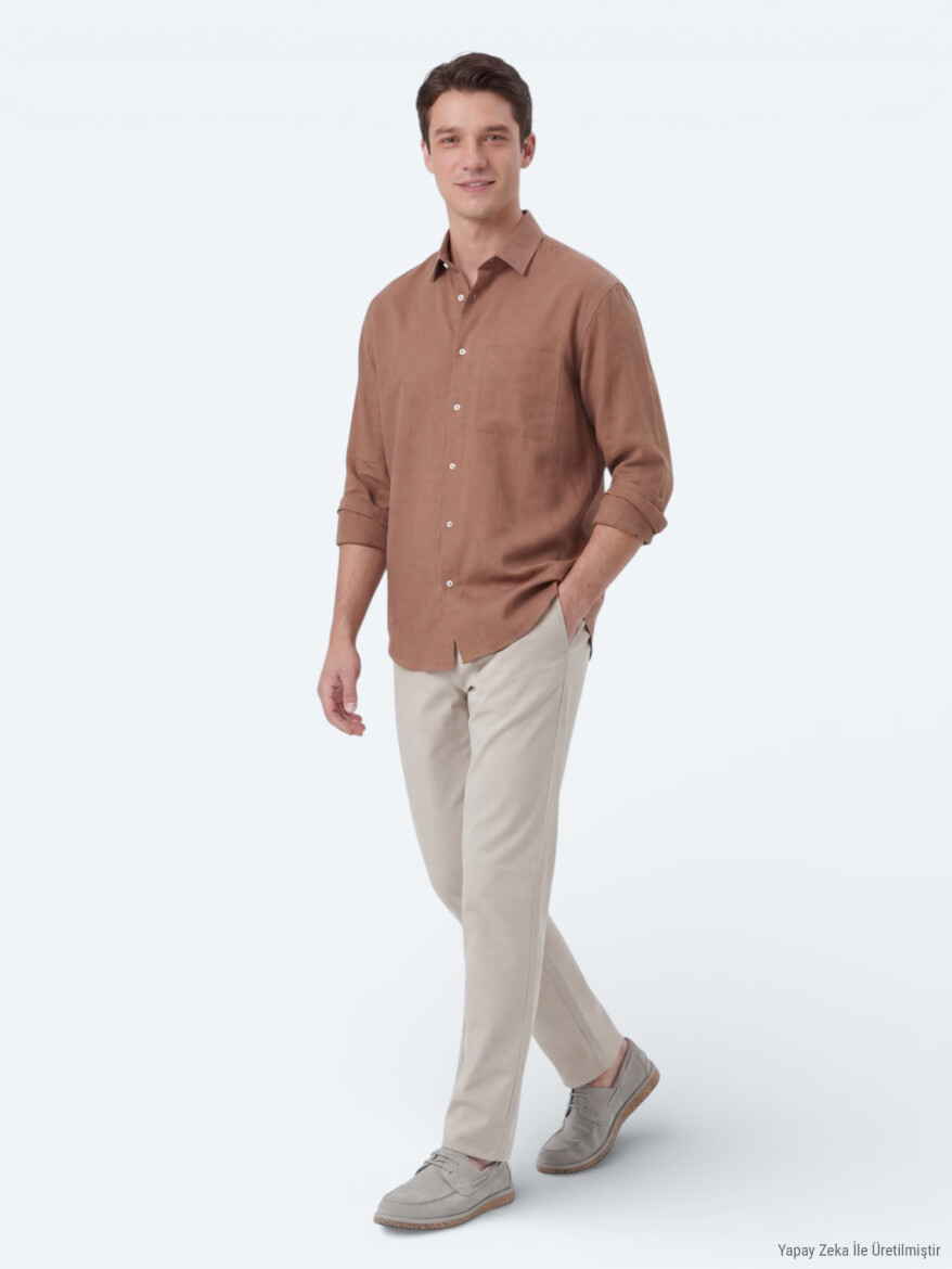 Salmon Plain Oversize Fit Long Weaving Casual Shirt - 3