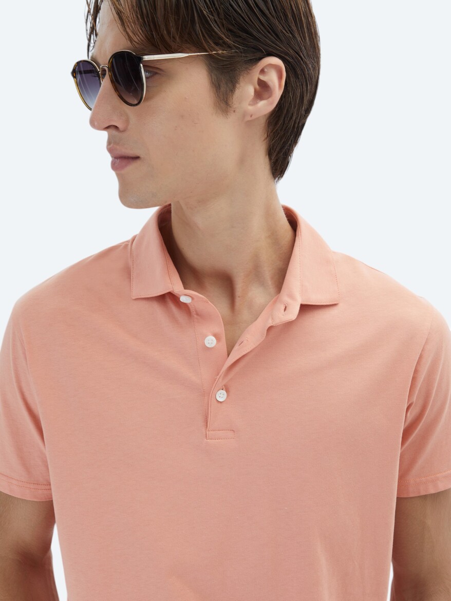 Salmon Plain Polo Neck 100% Cotton T-Shirt - 3