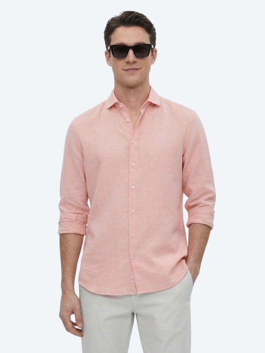 Salmon Plain Regular Fit Long Weaving Casual Cotton Blended Shirt 