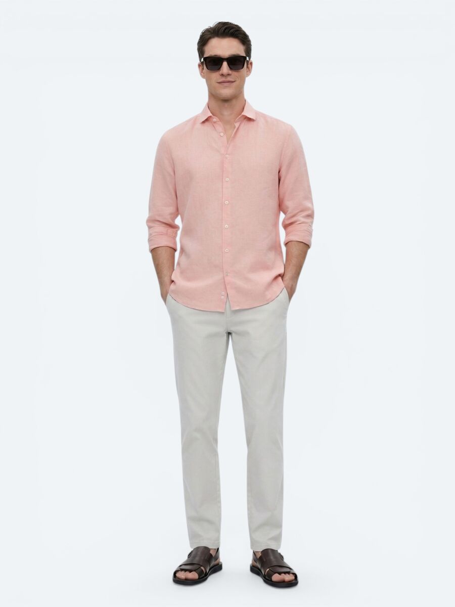 Salmon Plain Regular Fit Long Weaving Casual Cotton Blended Shirt - 2