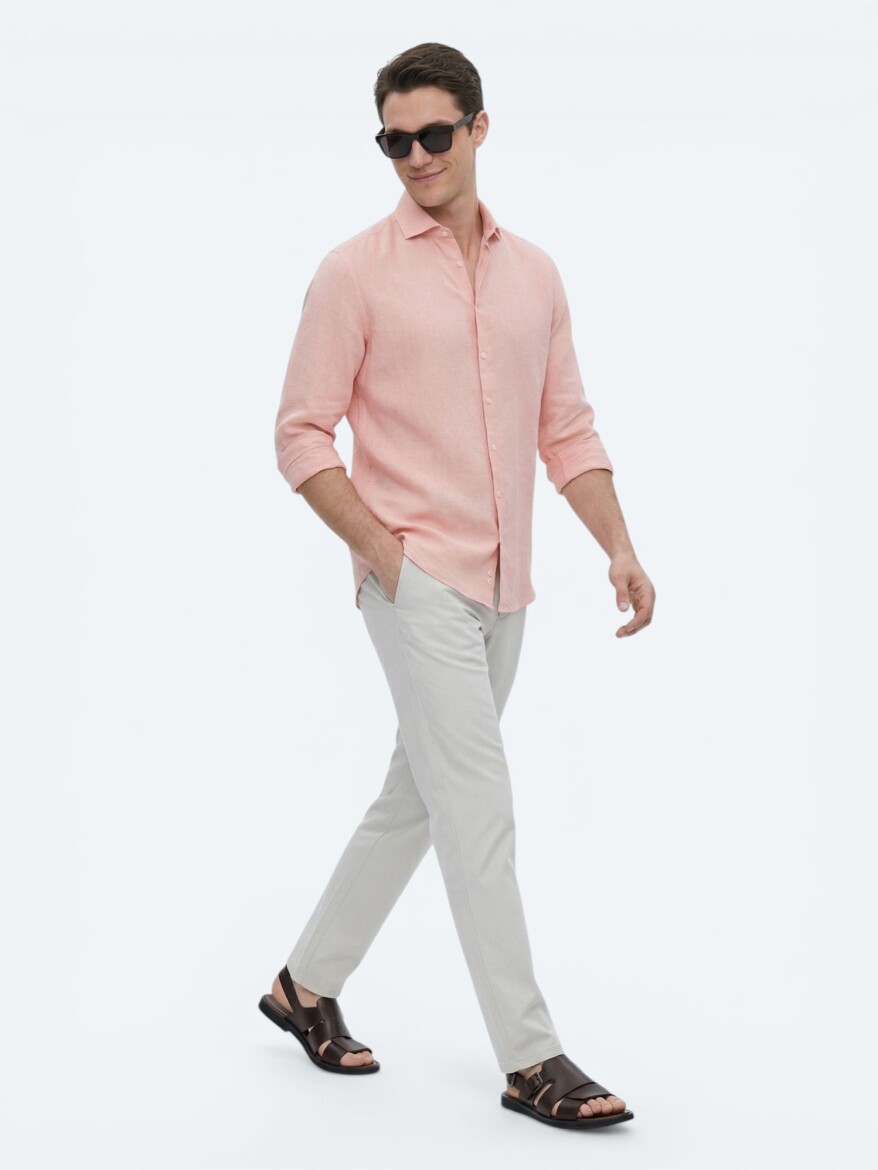Salmon Plain Regular Fit Long Weaving Casual Cotton Blended Shirt - 3