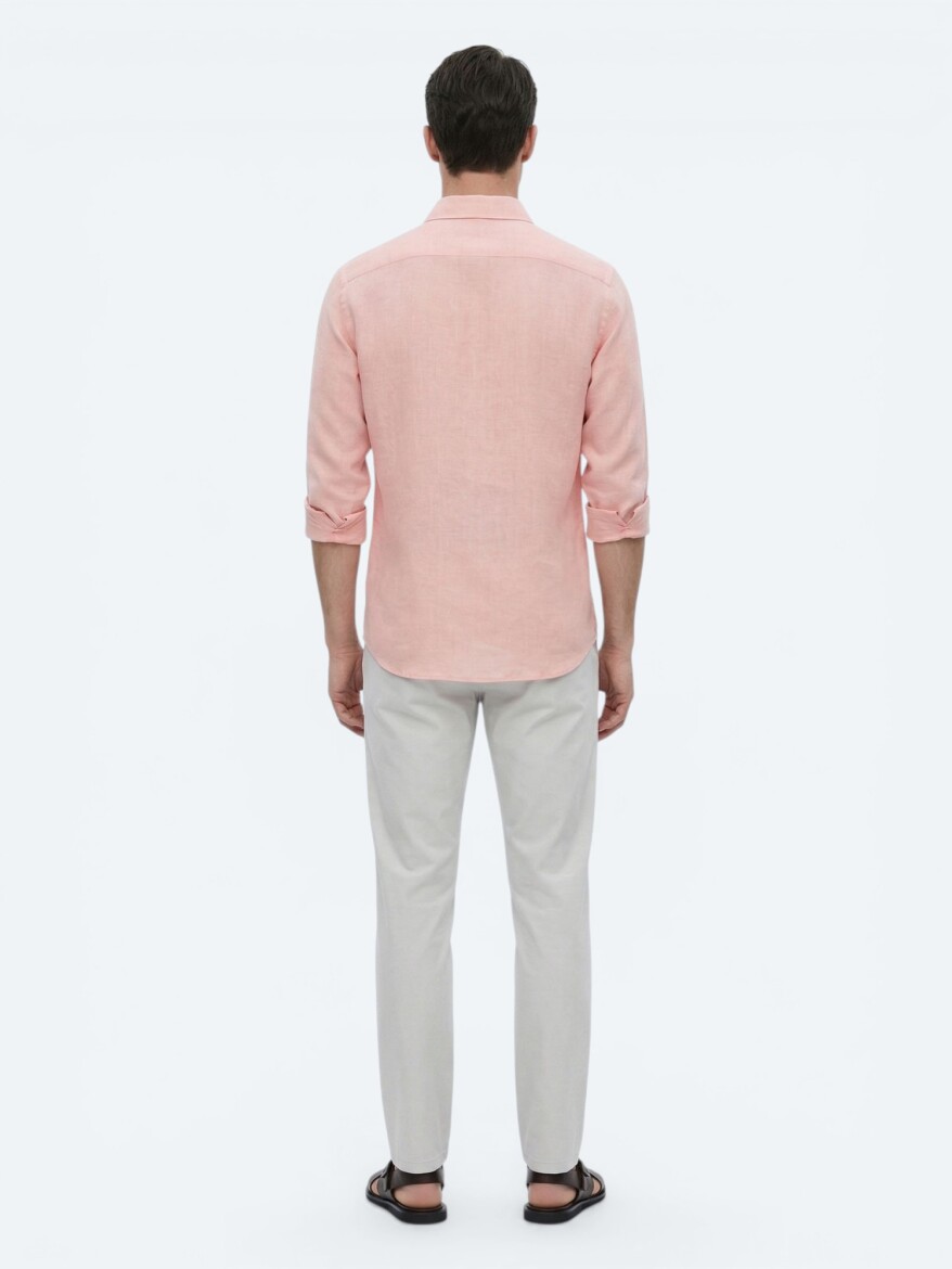 Salmon Plain Regular Fit Long Weaving Casual Cotton Blended Shirt - 5