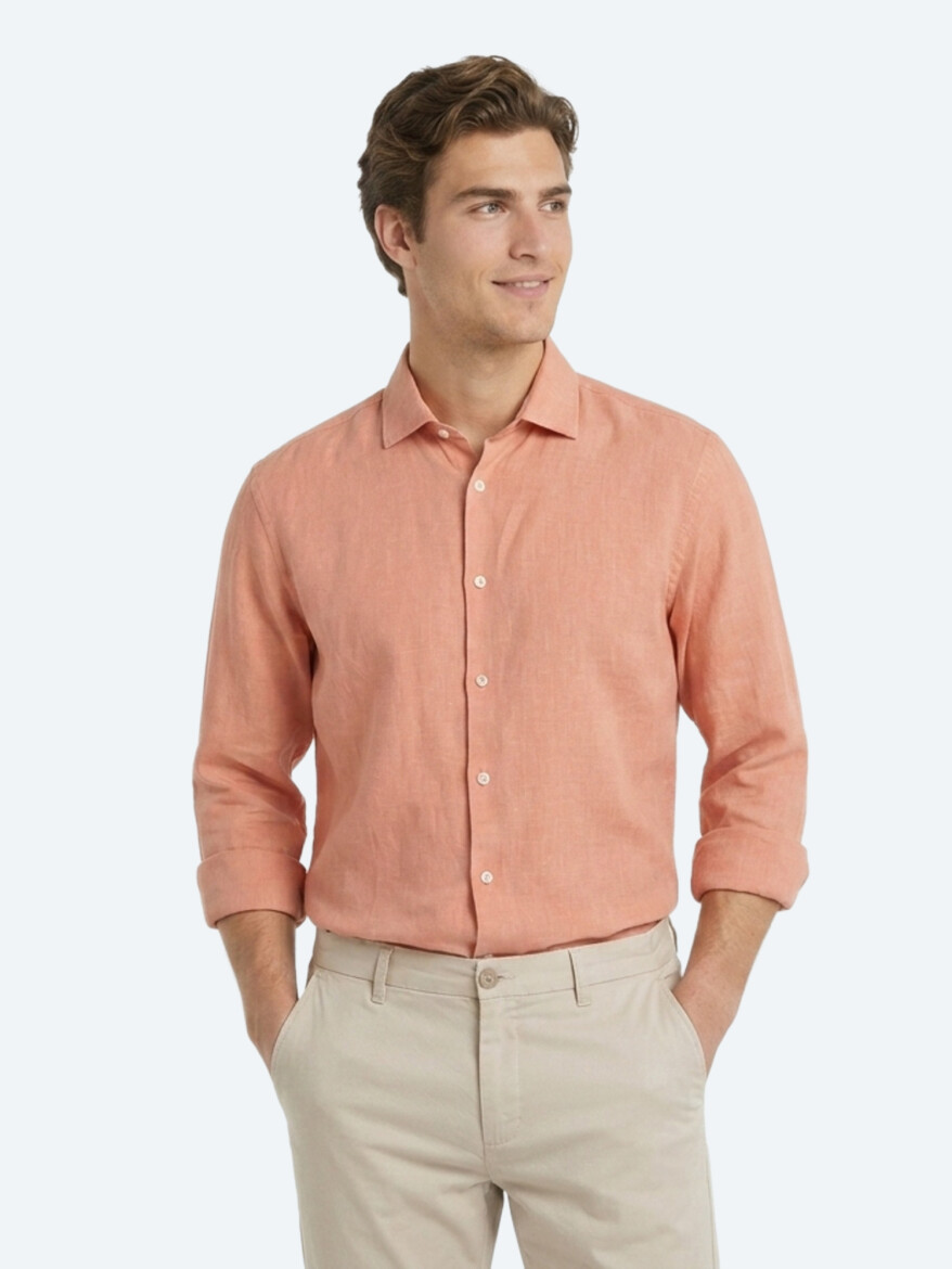 Salmon Plain Regular Fit Long Weaving Casual Cotton Blended Shirt 