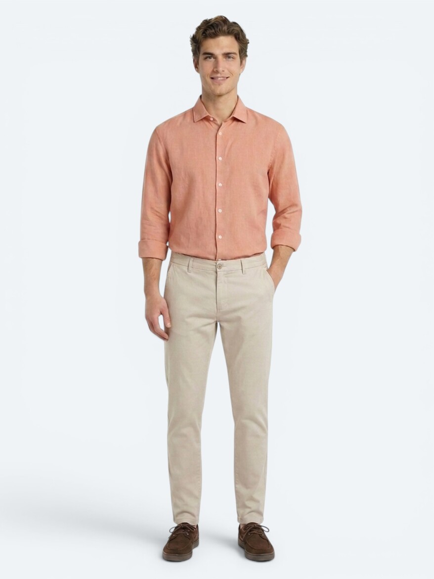 Salmon Plain Regular Fit Long Weaving Casual Cotton Blended Shirt - 2