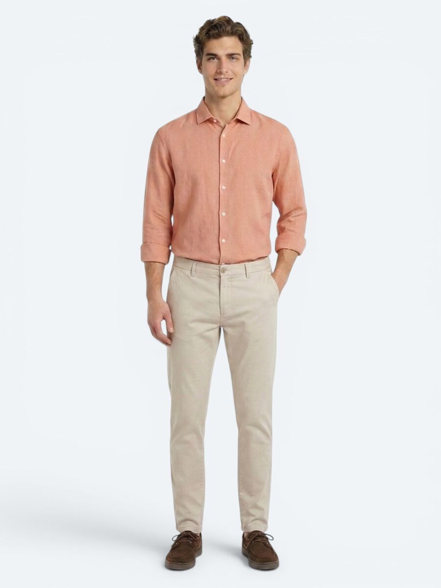 Salmon Plain Regular Fit Long Weaving Casual Cotton Blended Shirt - 2
