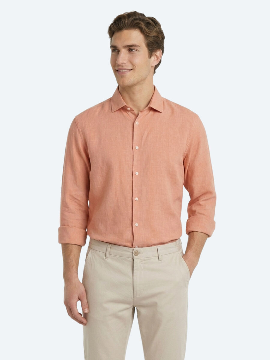 Salmon Plain Regular Fit Long Weaving Casual Cotton Blended Shirt - 3