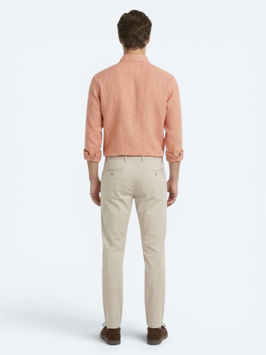 Salmon Plain Regular Fit Long Weaving Casual Cotton Blended Shirt - 5