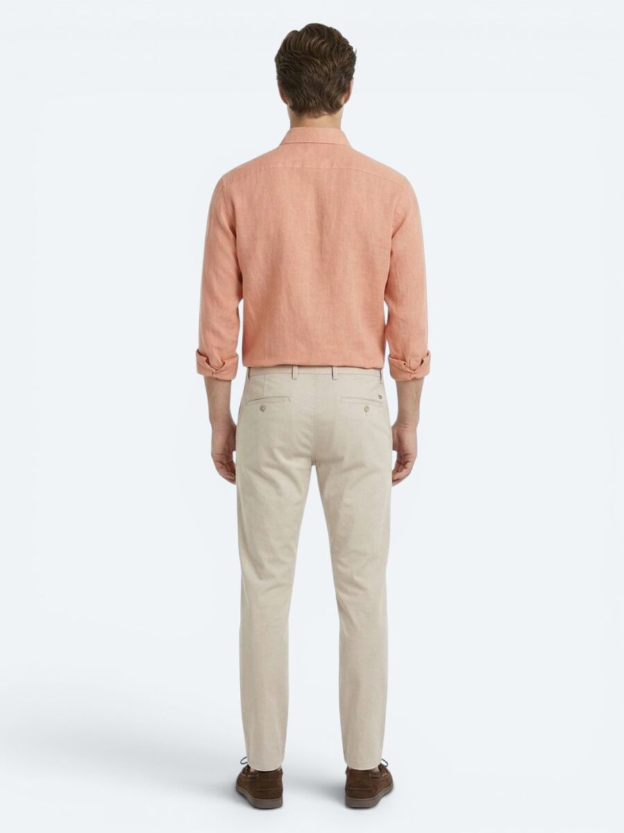 Salmon Plain Regular Fit Long Weaving Casual Cotton Blended Shirt - 5