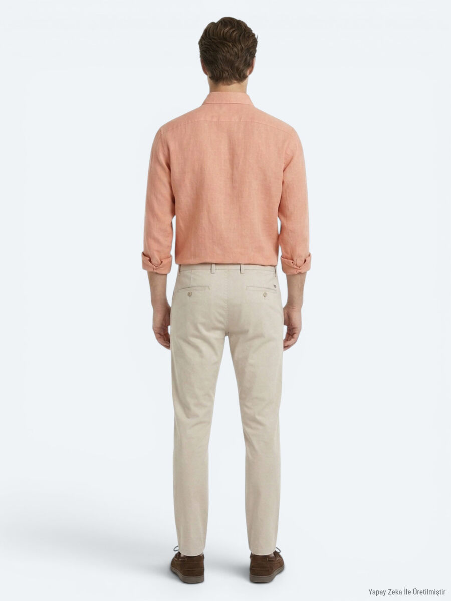 Salmon Plain Regular Fit Long Weaving Casual Cotton Blended Shirt - 5