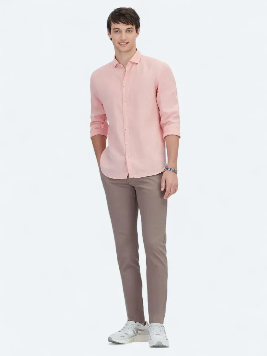 Salmon Plain Regular Fit Weaving Casual Cotton Blended Shirt - 2