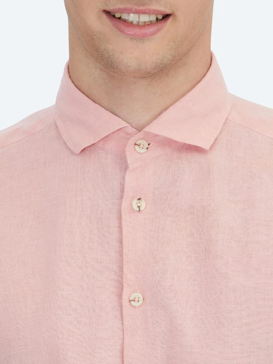 Salmon Plain Regular Fit Weaving Casual Cotton Blended Shirt 