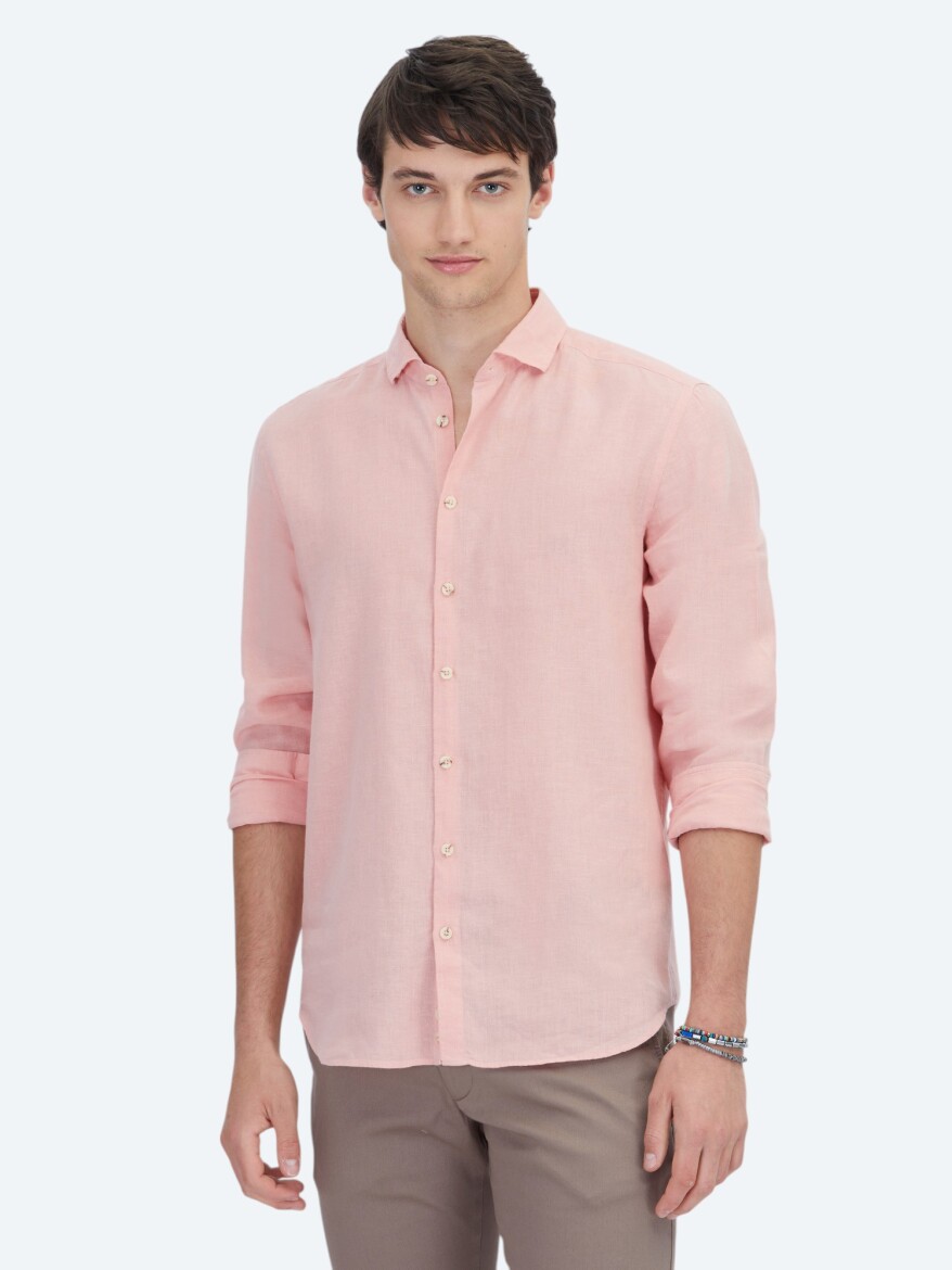 Salmon Plain Regular Fit Weaving Casual Cotton Blended Shirt 