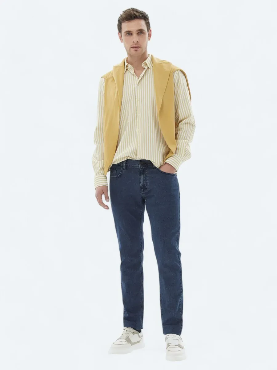Sarı Çizgili Regular Fit Dokuma Casual %100 Pamuk Gömlek - 2