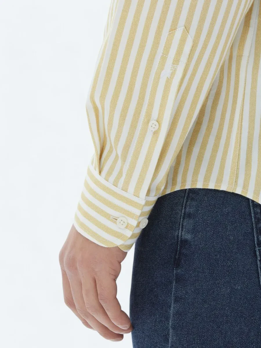 Sarı Çizgili Regular Fit Dokuma Casual %100 Pamuk Gömlek - 5