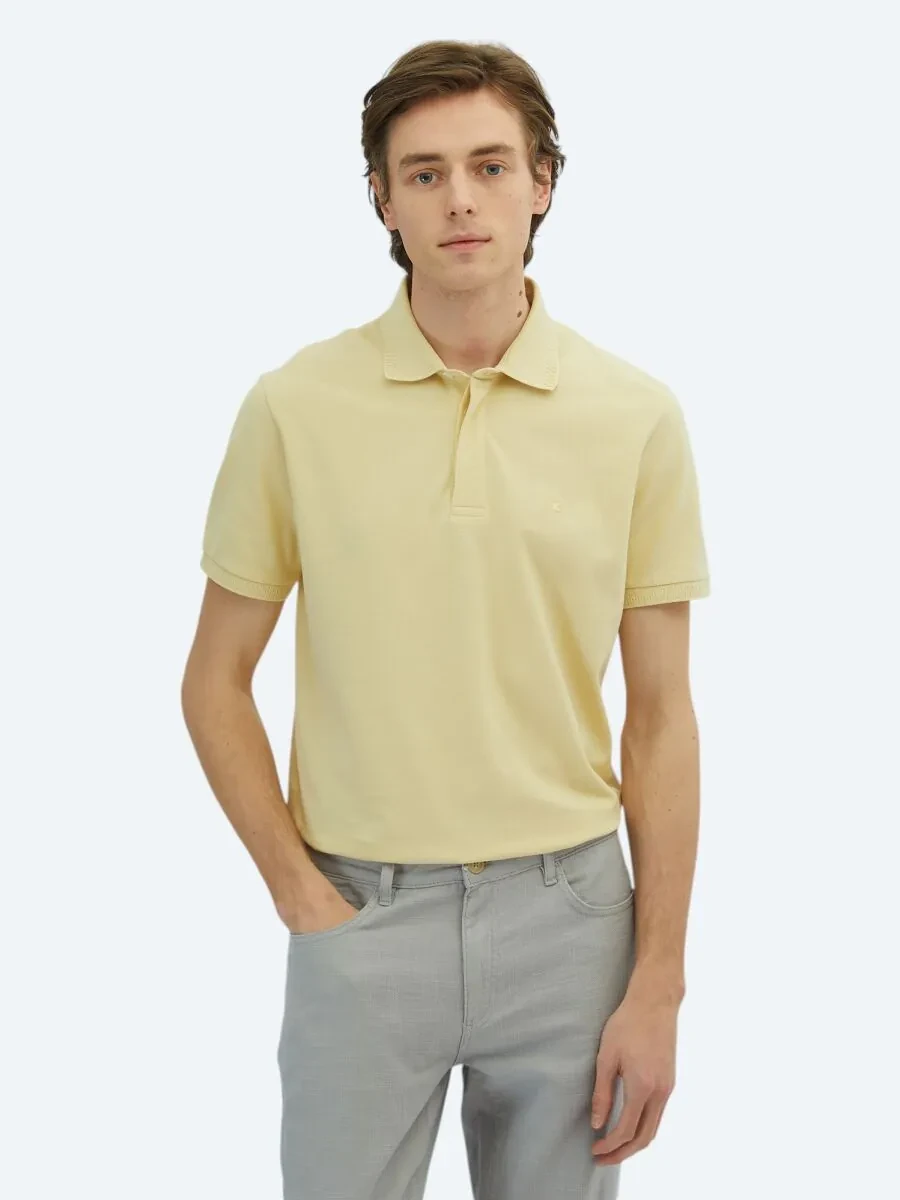 Sarı Düz Polo Yaka %100 Pamuk T-Shirt - 1