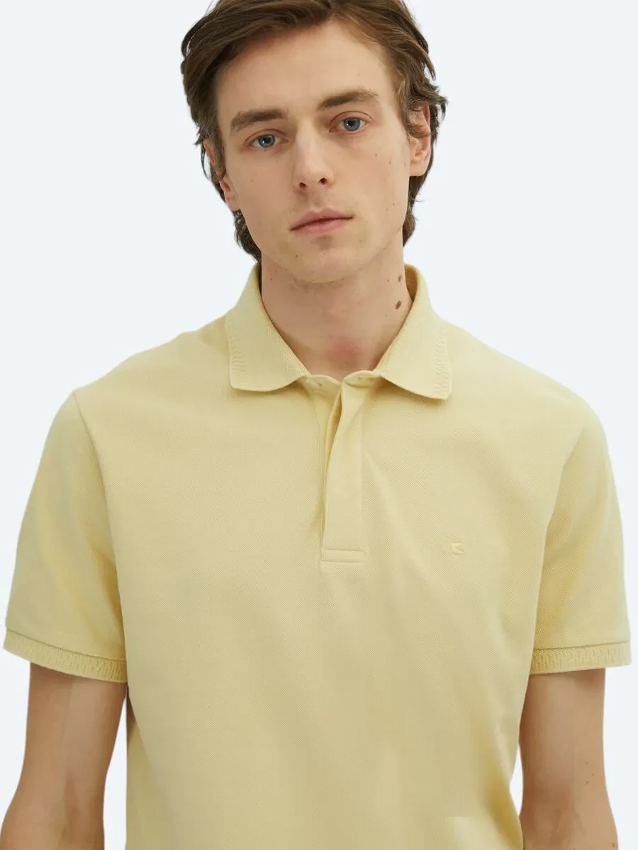 Sarı Düz Polo Yaka %100 Pamuk T-Shirt - 3