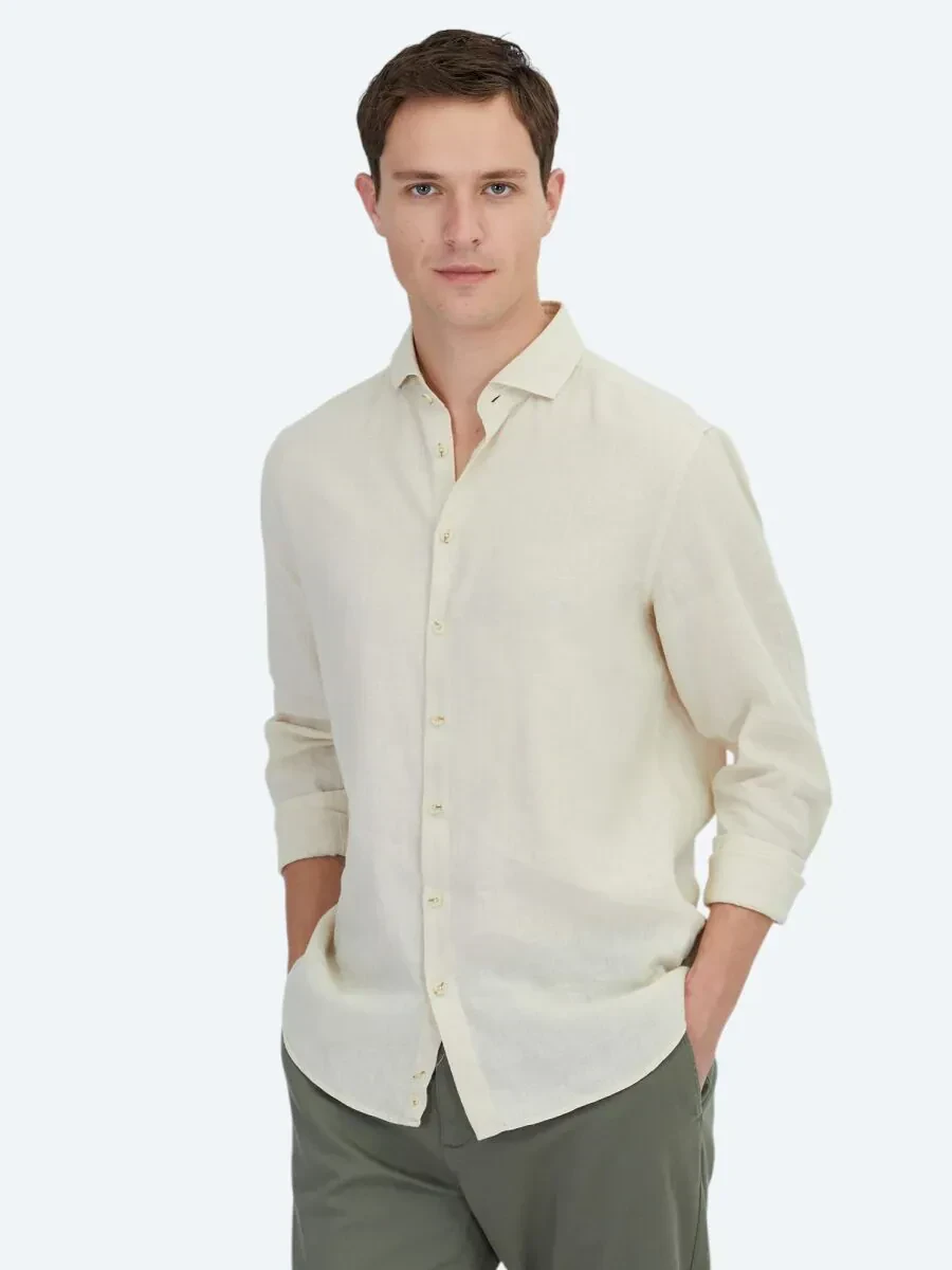Sarı Düz Regular Fit Dokuma Casual Pamuk Karışımlı Gömlek - 1