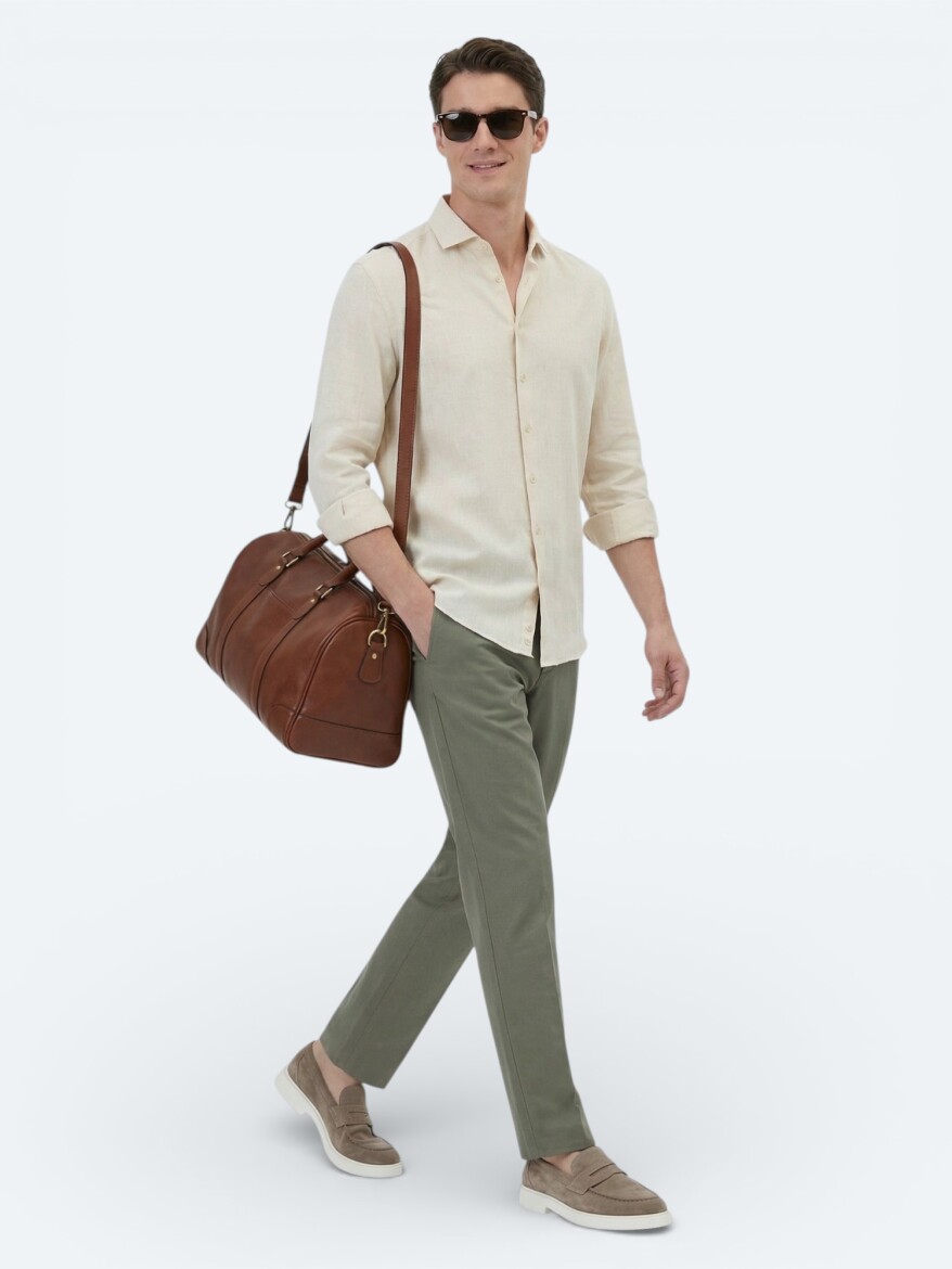 Sarı Düz Regular Fit Uzun Dokuma Casual Pamuk Karışımlı Gömlek - 2