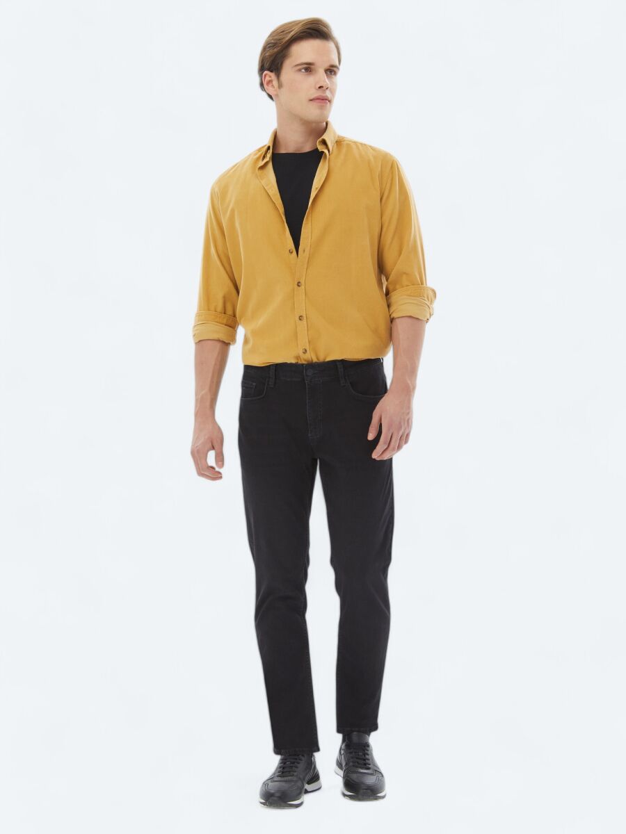 Sarı Fitilli Regular Fit Dokuma Kadife Casual %100 Pamuk Gömlek - 2