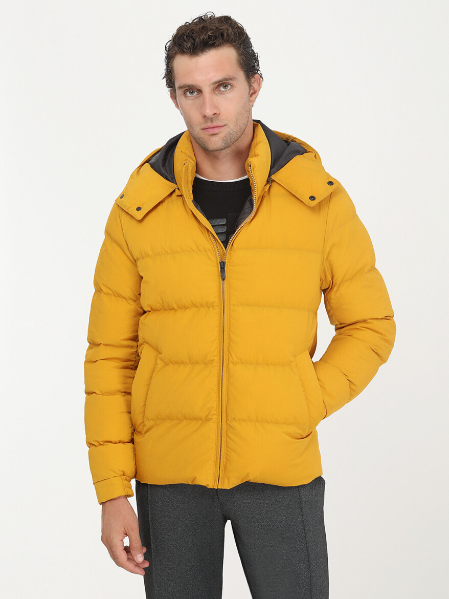 Sarı Regular Fit Kapüşonlu Casual Dokuma Mont - 2