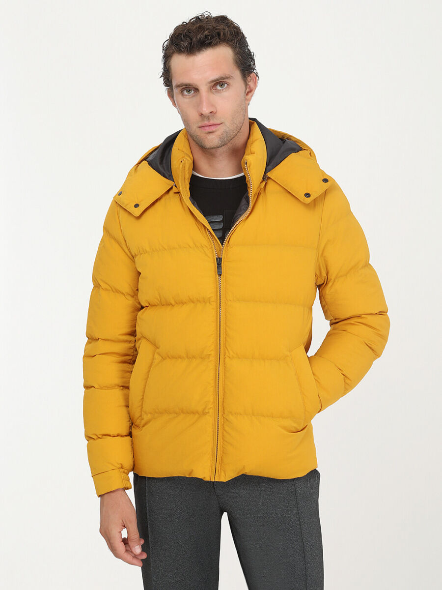 Sarı Regular Fit Kapüşonlu Casual Dokuma Mont - 2