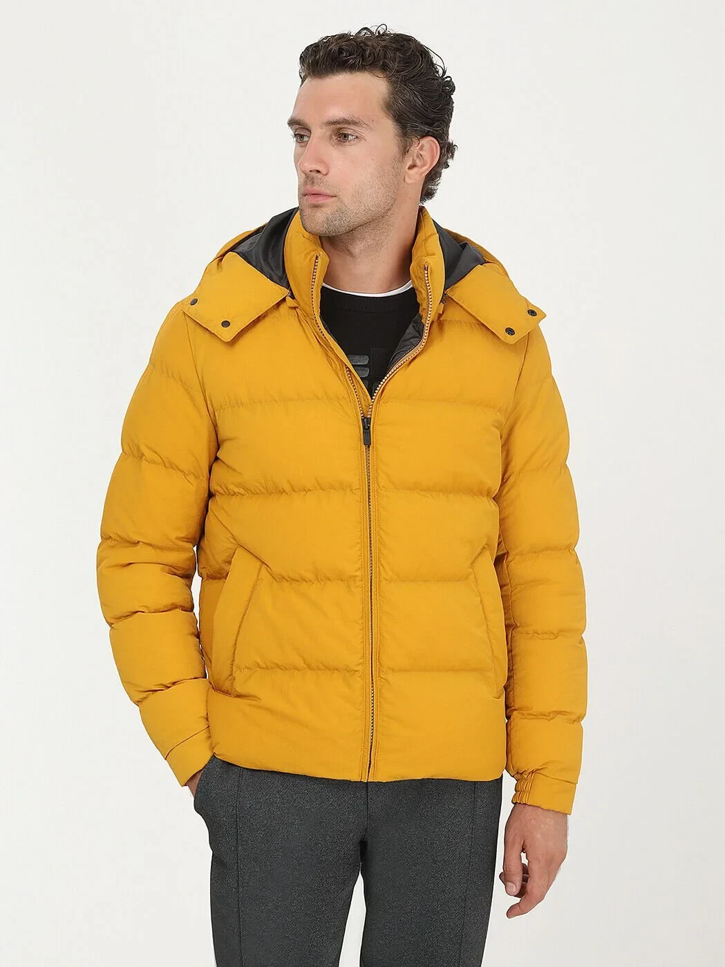 Sarı Regular Fit Kapüşonlu Casual Dokuma Mont - 4