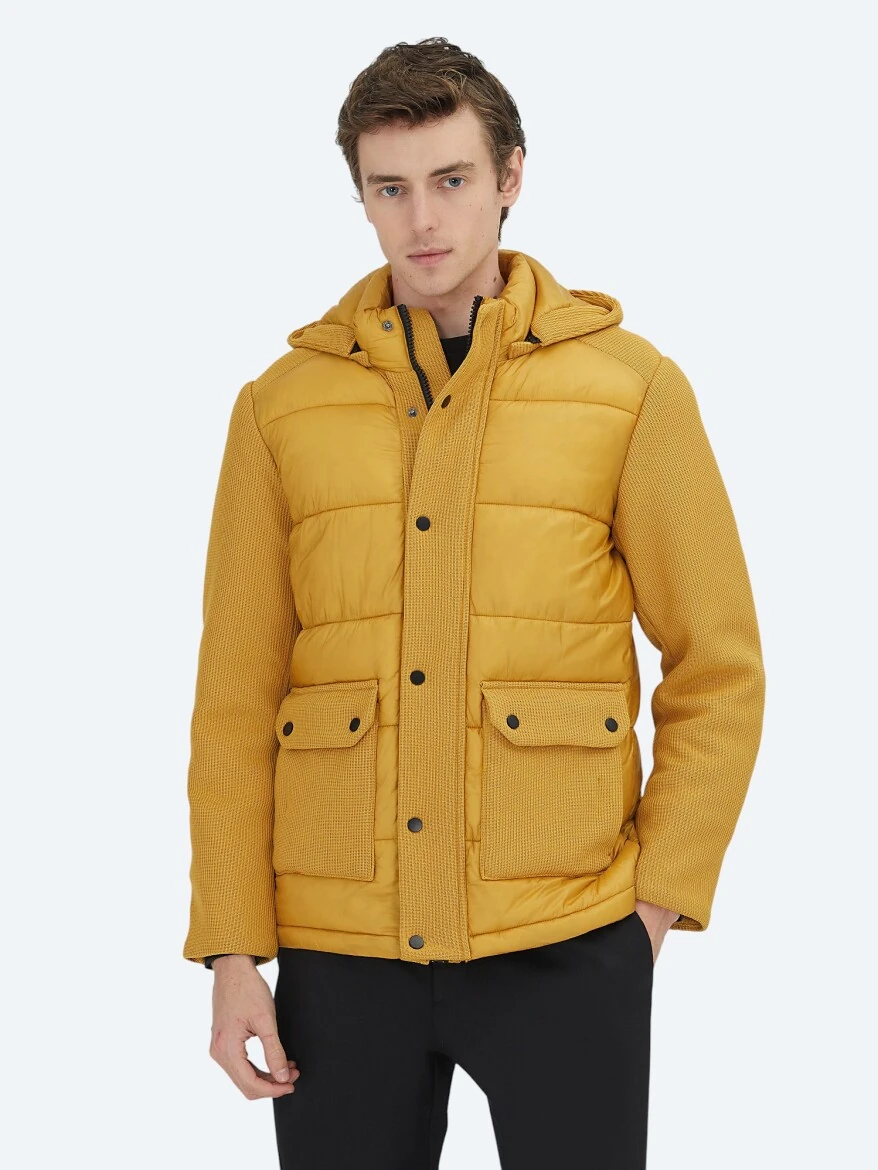 Sarı Regular Fit Kapüşonlu Casual Dokuma Mont - KİP