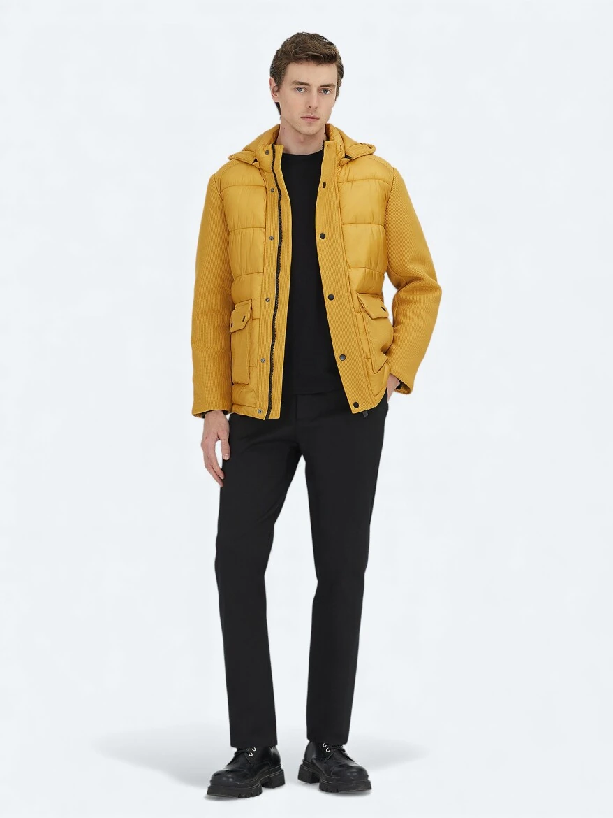 Sarı Regular Fit Kapüşonlu Casual Dokuma Mont - KİP