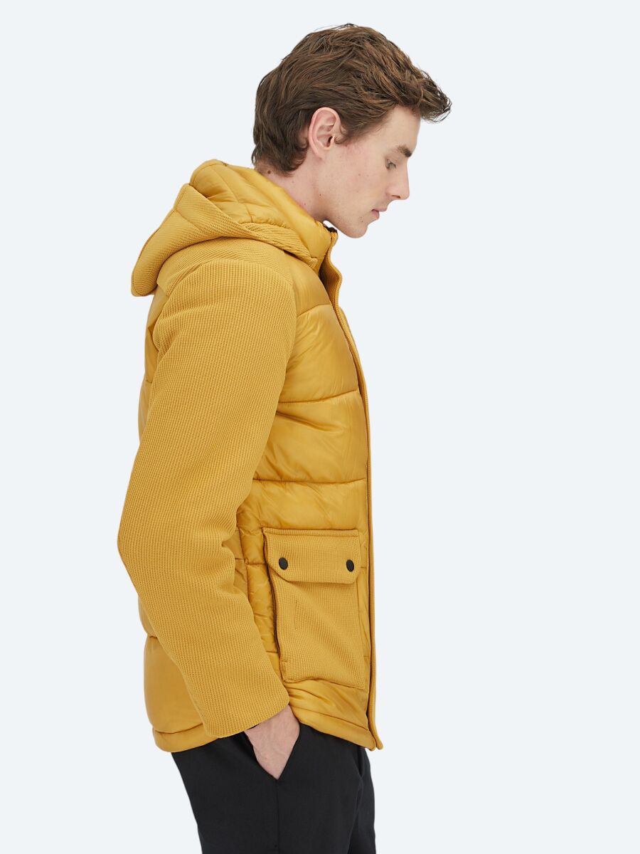 Sarı Regular Fit Kapüşonlu Casual Dokuma Mont - 4