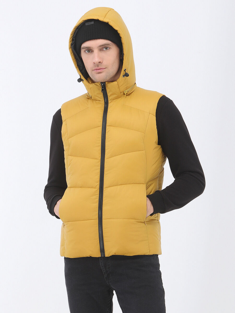 Sarı Regular Fit Kapüşonlu Casual Dokuma Spor Yelek - 6