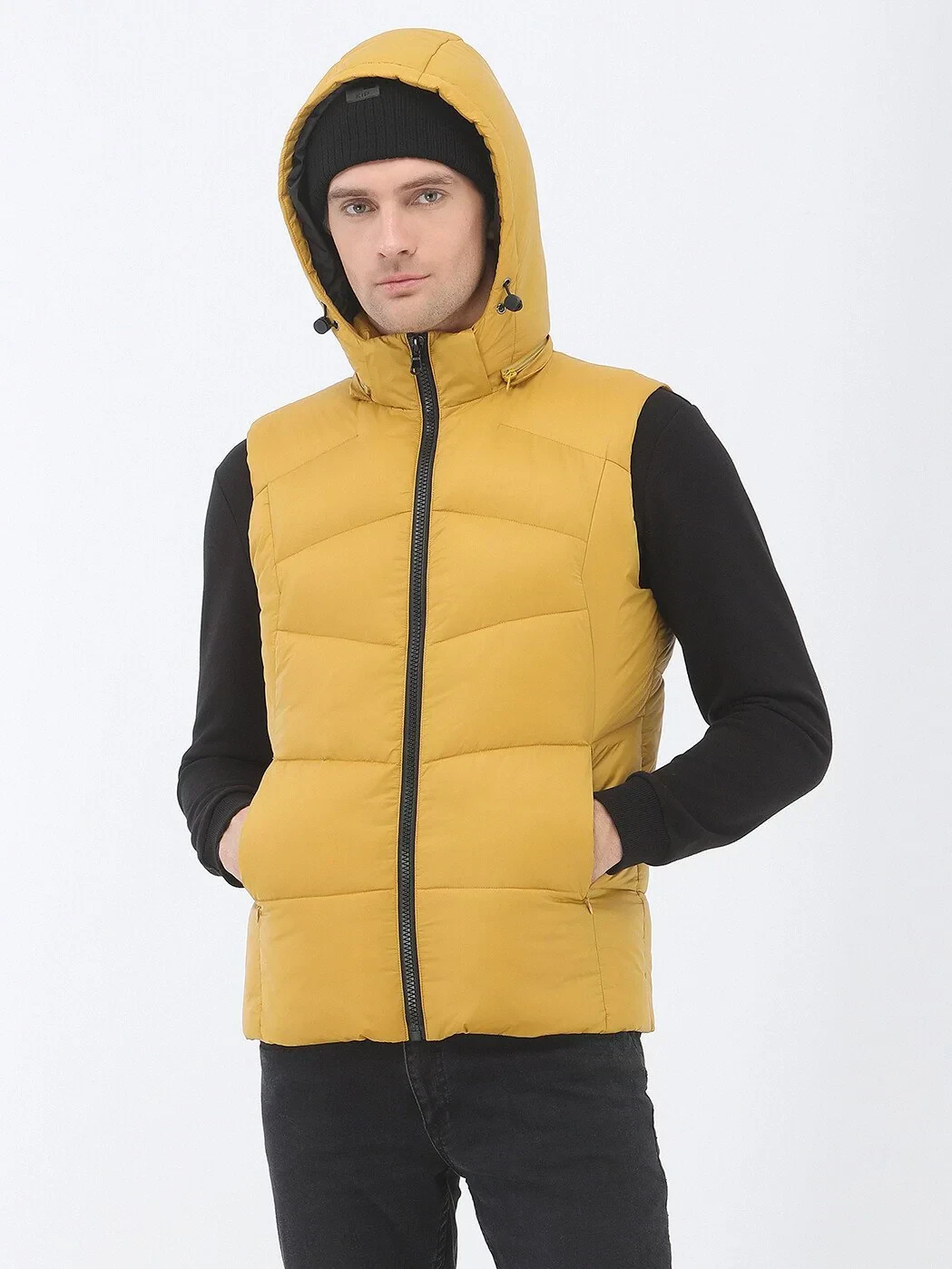Sarı Regular Fit Kapüşonlu Casual Dokuma Spor Yelek - 6