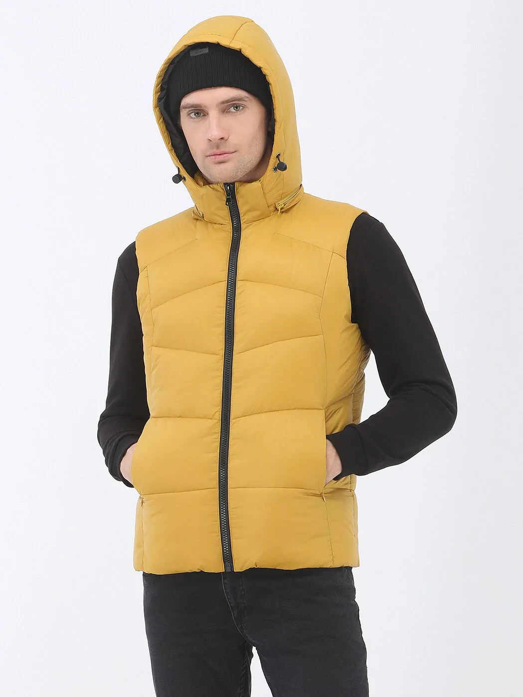 Sarı Regular Fit Kapüşonlu Casual Dokuma Spor Yelek - 6