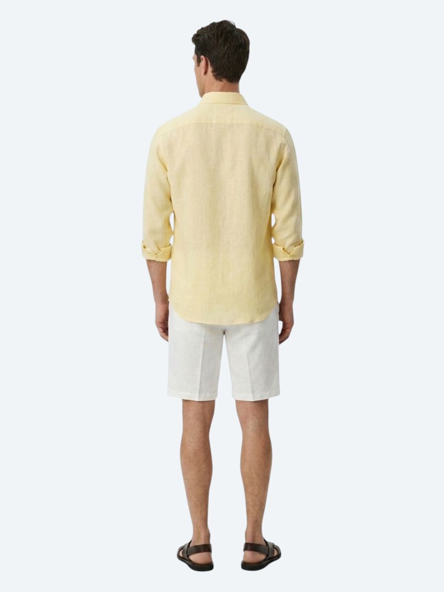 Sarı Regular Fit Uzun Dokuma Casual Pamuk Karışımlı Gömlek - 5
