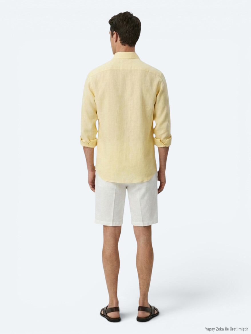 Sarı Regular Fit Uzun Dokuma Casual Pamuk Karışımlı Gömlek - 5